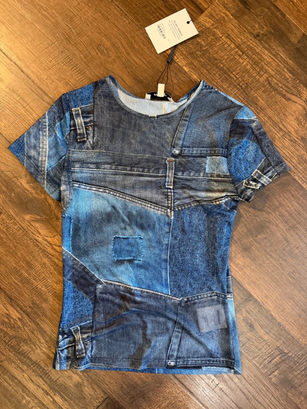 Miaou Short-Sleeve Denim Patchwork Print Tee - Blue